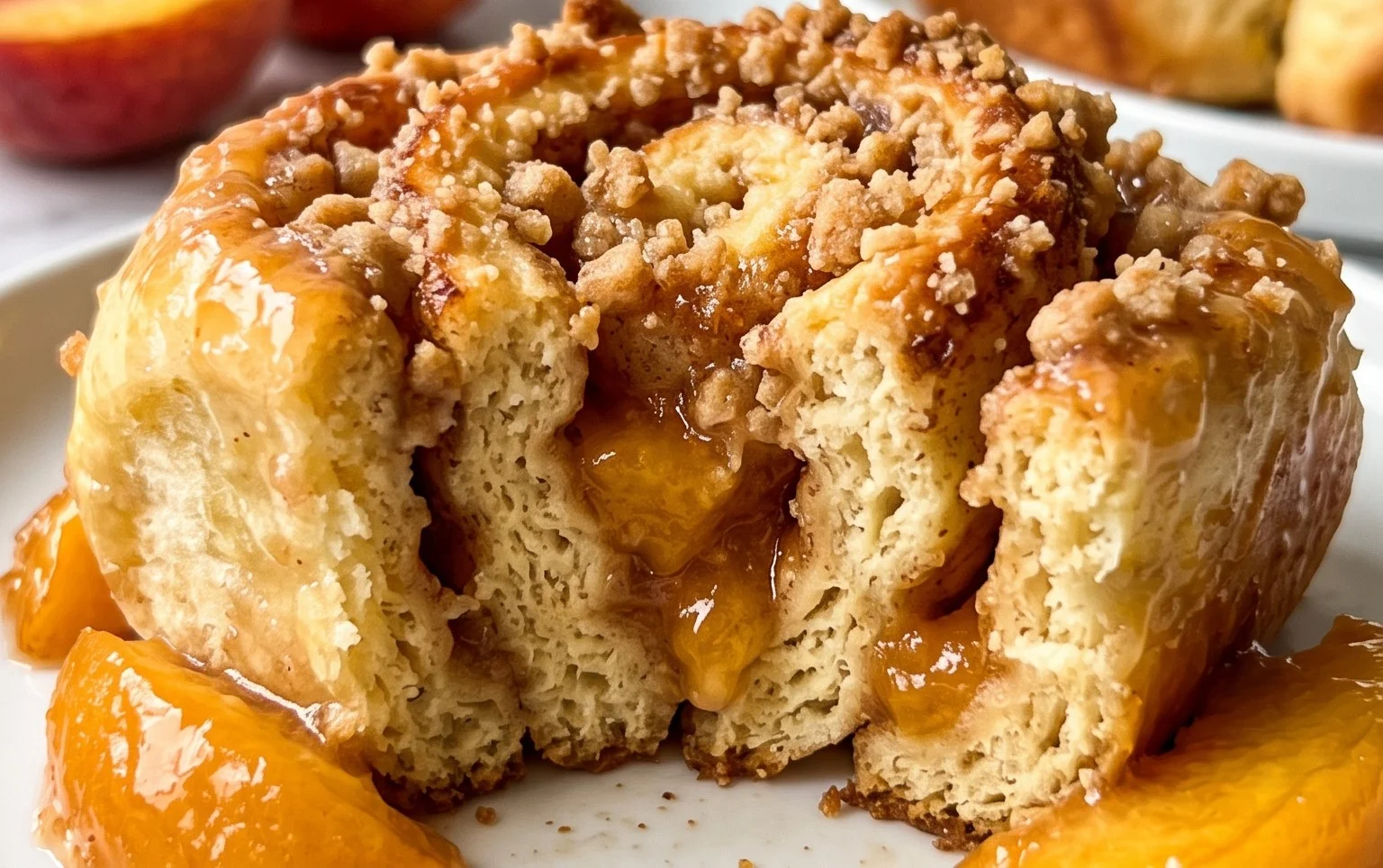 Peach Cobbler Cinnamon Rolls with Crumb Topping